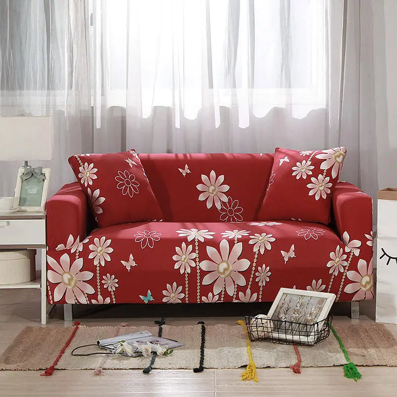 Luxton Home Elastic Stretchable Printed Fully Covered Sofa Slipcover, DAISY - Red with Flower Printed