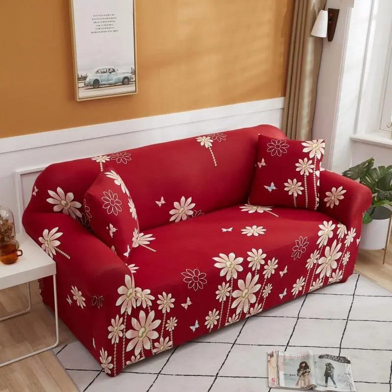 Luxton Home Elastic Stretchable Printed Fully Covered Sofa Slipcover, DAISY - Red with Flower Printed
