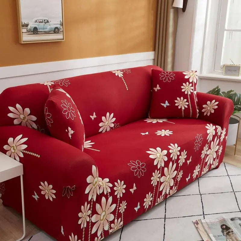 Luxton Home Elastic Stretchable Printed Fully Covered Sofa Slipcover, DAISY - Red with Flower Printed