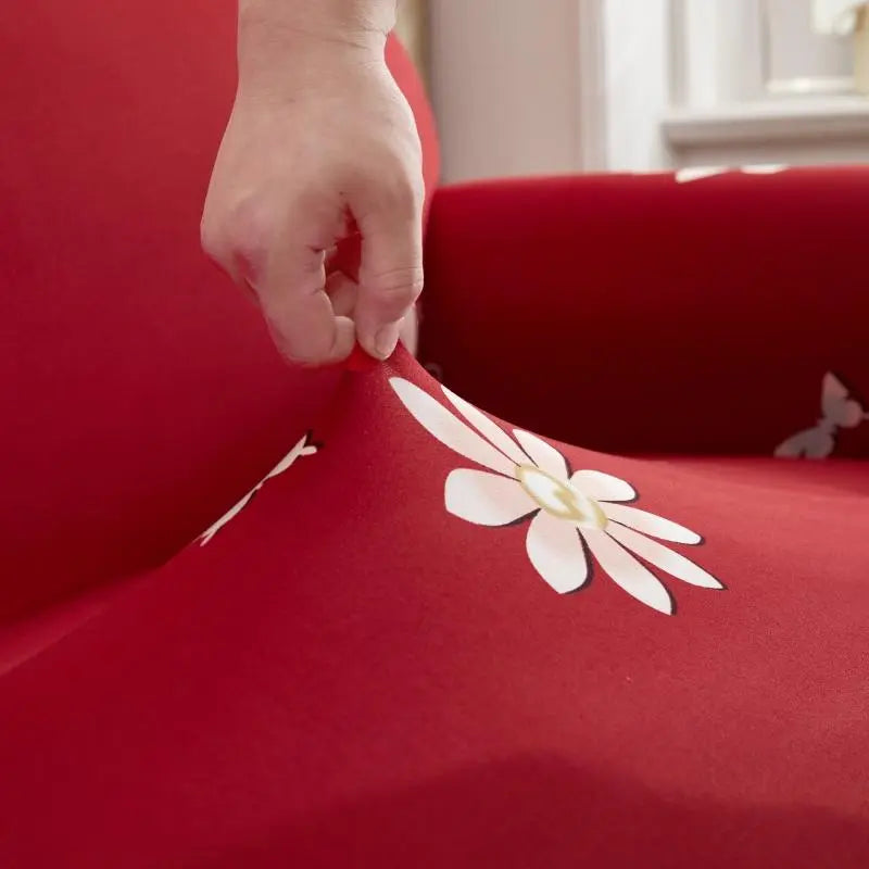 Luxton Home Elastic Stretchable Printed Fully Covered Sofa Slipcover, DAISY - Red with Flower Printed