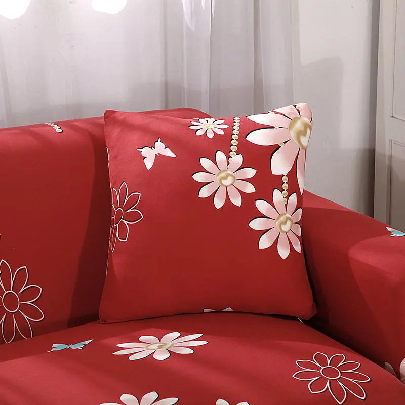 Luxton Home Elastic Stretchable Printed Fully Covered Sofa Slipcover, DAISY - Red with Flower Printed