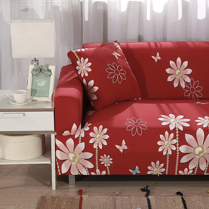 Luxton Home Elastic Stretchable Printed Fully Covered Sofa Slipcover, DAISY - Red with Flower Printed