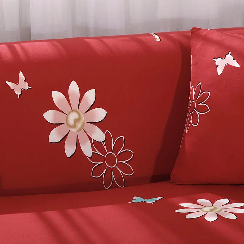 Luxton Home Elastic Stretchable Printed Fully Covered Sofa Slipcover, DAISY - Red with Flower Printed