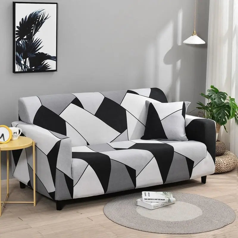 Luxton Home Elastic Stretchable Printed Fully Covered Sofa Slipcover, PLATEAU - White and Black