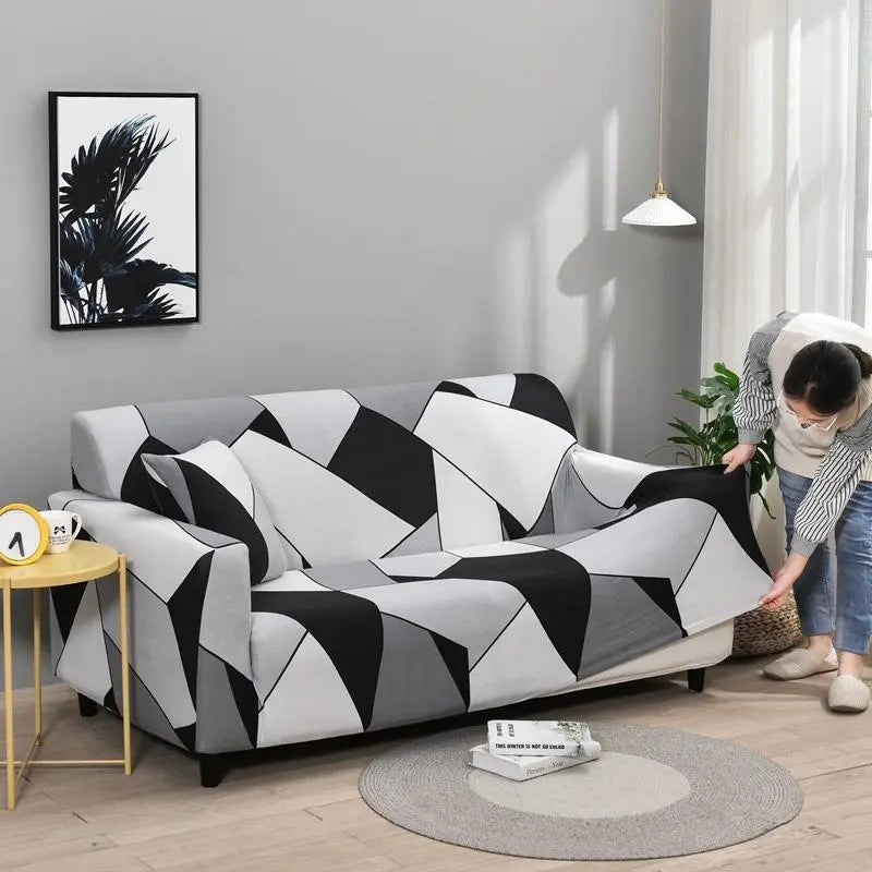Luxton Home Elastic Stretchable Printed Fully Covered Sofa Slipcover, PLATEAU - White and Black