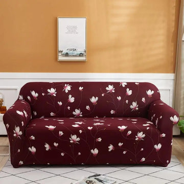 Luxton Home Elastic Stretchable Printed Fully Covered Sofa Slipcover, LILLY - Maroon color with Flower Printed