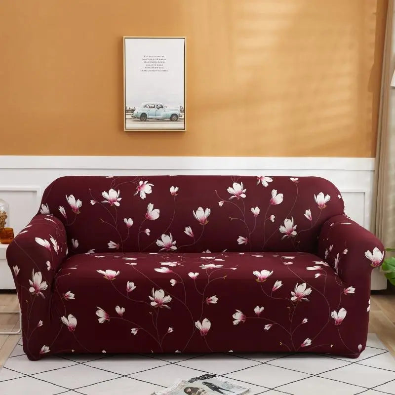 Luxton Home Elastic Stretchable Printed Fully Covered Sofa Slipcover, LILLY - Maroon color with Flower Printed
