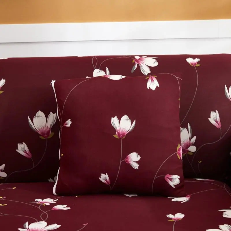 Luxton Home Elastic Stretchable Printed Fully Covered Sofa Slipcover, LILLY - Maroon color with Flower Printed