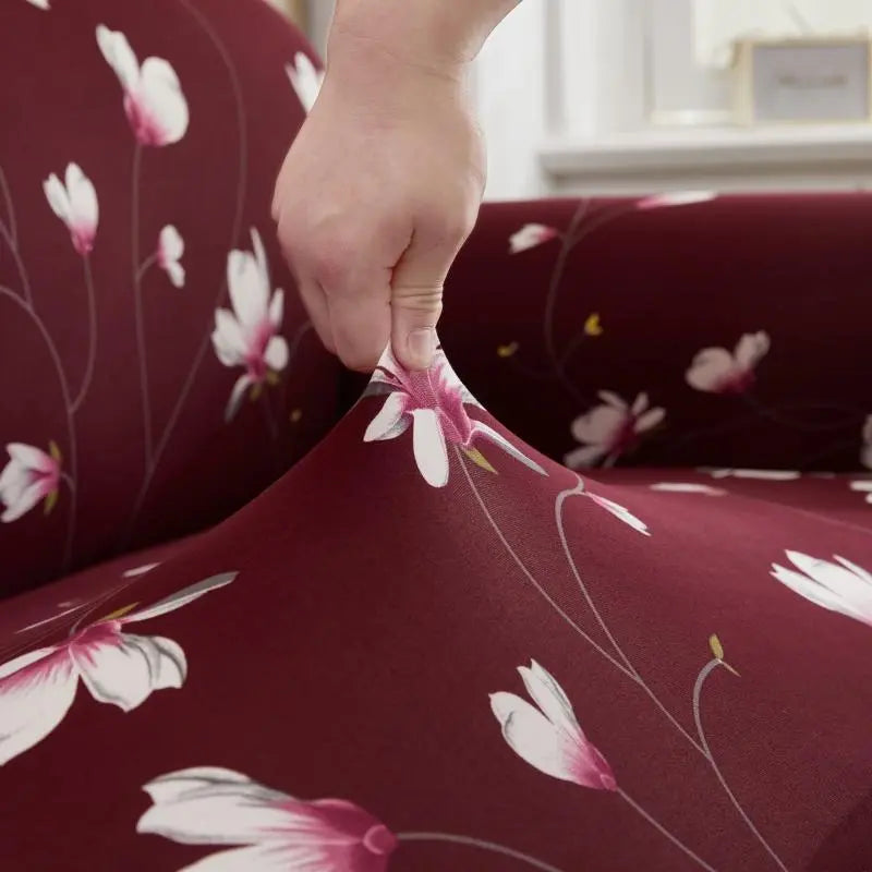 Luxton Home Elastic Stretchable Printed Fully Covered Sofa Slipcover, LILLY - Maroon color with Flower Printed