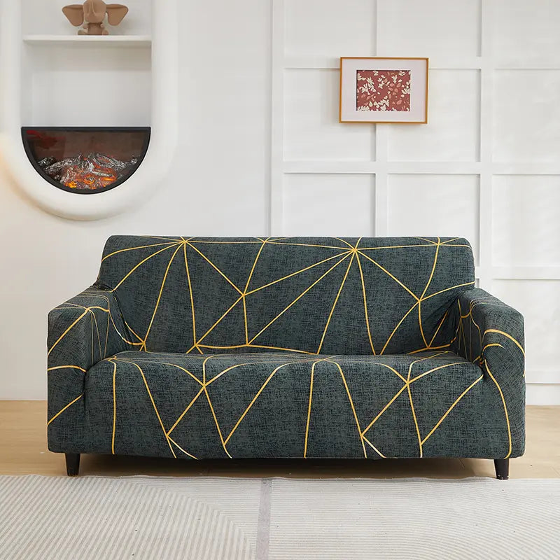 Luxton Home Elastic Stretchable Printed Fully Covered Sofa Slipcover, Golden Lines