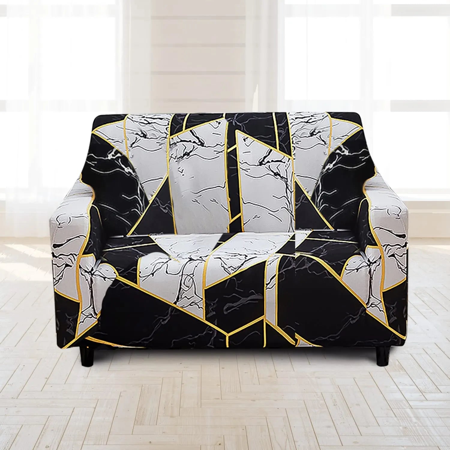 Luxton Home Elastic Stretchable Printed Fully Covered Sofa Slipcover, ONYX - White and Black