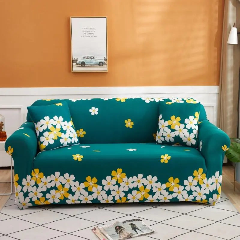 Luxton Home Elastic Stretchable Printed Fully Covered Sofa Slipcover, OASIS - Green Color with Flower Printed
