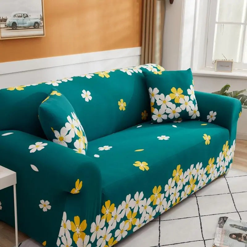Luxton Home Elastic Stretchable Printed Fully Covered Sofa Slipcover, OASIS - Green Color with Flower Printed