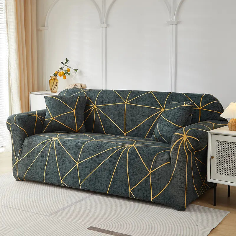 Luxton Home Elastic Stretchable Printed Fully Covered Sofa Slipcover, Golden Lines