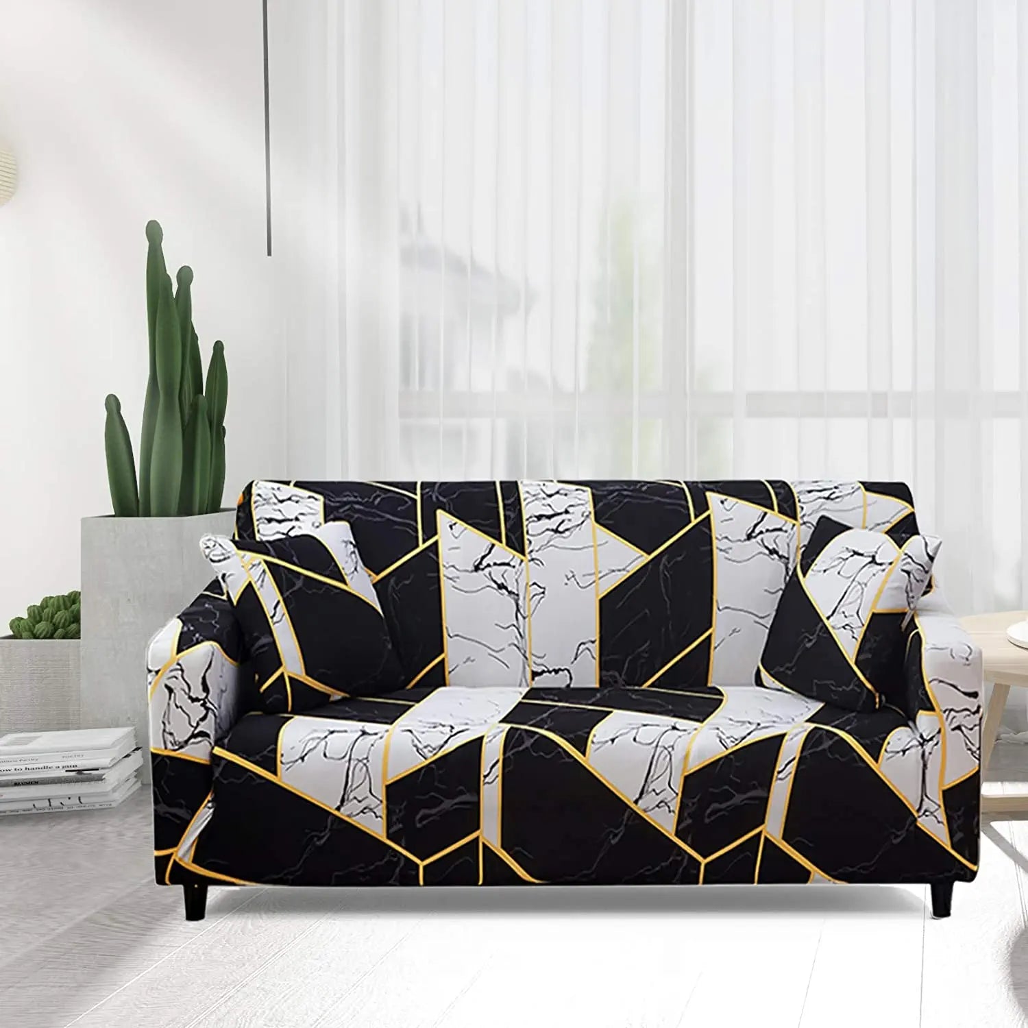 Luxton Home Elastic Stretchable Printed Fully Covered Sofa Slipcover, ONYX - White and Black