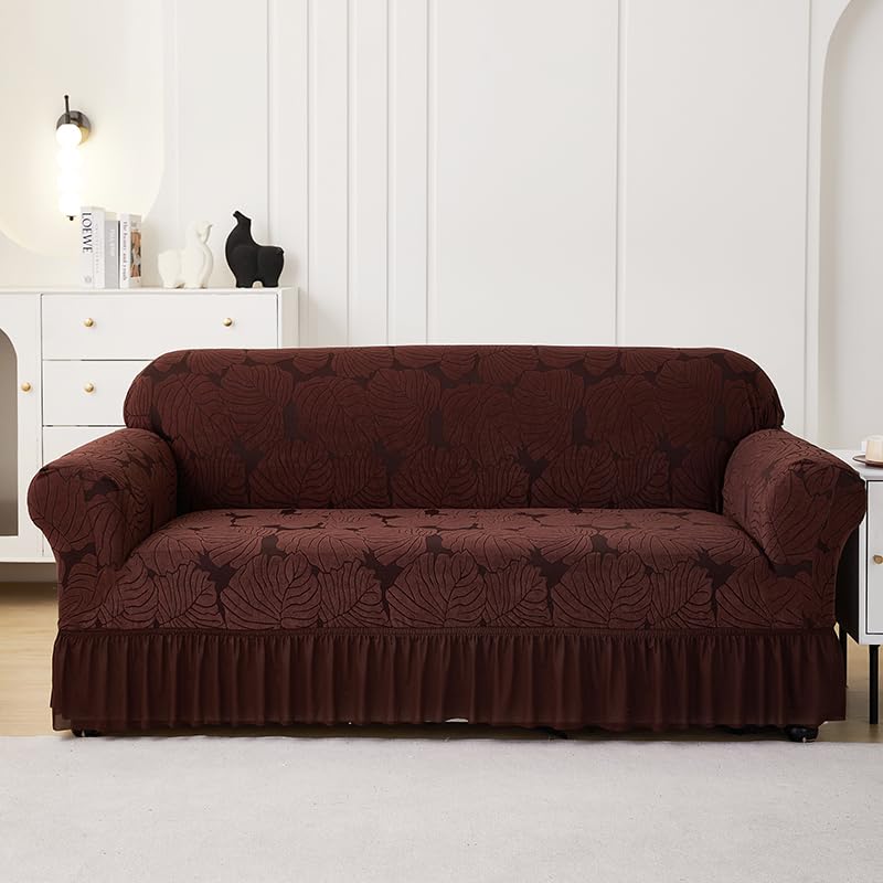 LUXTON HOME Designer Sofa Cover with Skirt Stretchable Elastic Universal Polyester & Spandex Blend Sofa Cover 3 Seater, 2 Seater and 1 Seater Durable & Easy Maintenance (Chocolate, Four Seater)