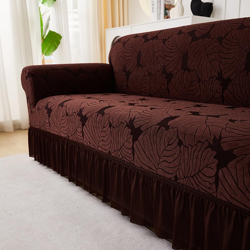 LUXTON HOME Designer Sofa Cover with Skirt Stretchable Elastic Universal Polyester & Spandex Blend Sofa Cover 3 Seater, 2 Seater and 1 Seater Durable & Easy Maintenance (Chocolate, Four Seater)
