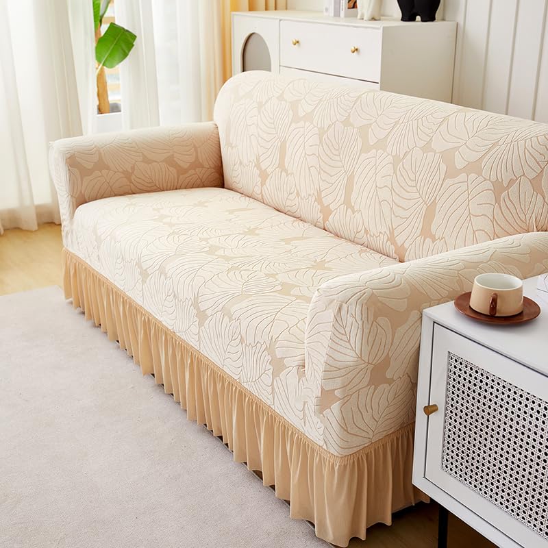 LUXTON HOME Designer Sofa Cover with Skirt Stretchable Elastic Universal Polyester & Spandex Blend Sofa Cover 3 Seater, 2 Seater and 1 Seater Durable & Easy Maintenance (Chocolate, Four Seater)