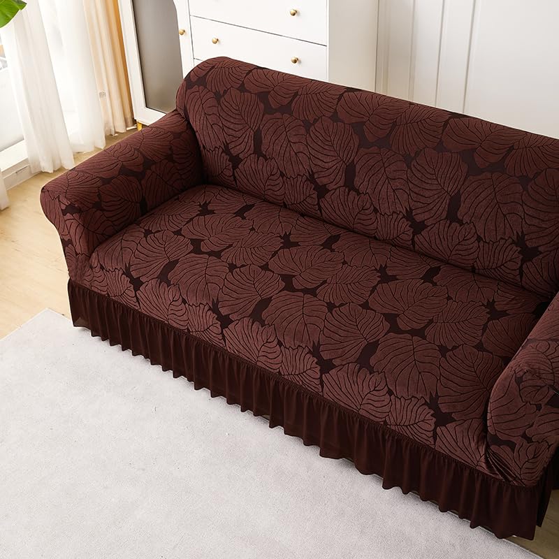 LUXTON HOME Designer Sofa Cover with Skirt Stretchable Elastic Universal Polyester & Spandex Blend Sofa Cover 3 Seater, 2 Seater and 1 Seater Durable & Easy Maintenance (Chocolate, Four Seater)
