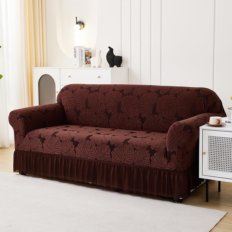LUXTON HOME Designer Sofa Cover with Skirt Stretchable Elastic Universal Polyester & Spandex Blend Sofa Cover 3 Seater, 2 Seater and 1 Seater Durable & Easy Maintenance (Chocolate, Four Seater)