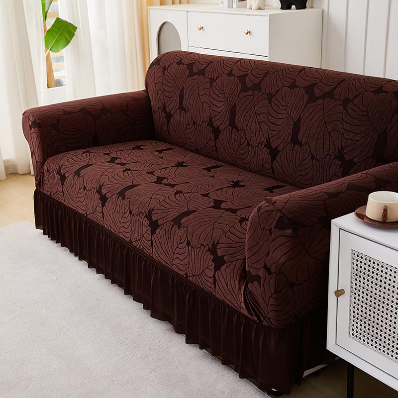 LUXTON HOME Designer Sofa Cover with Skirt Stretchable Elastic Universal Polyester & Spandex Blend Sofa Cover 3 Seater, 2 Seater and 1 Seater Durable & Easy Maintenance (Chocolate, Four Seater)