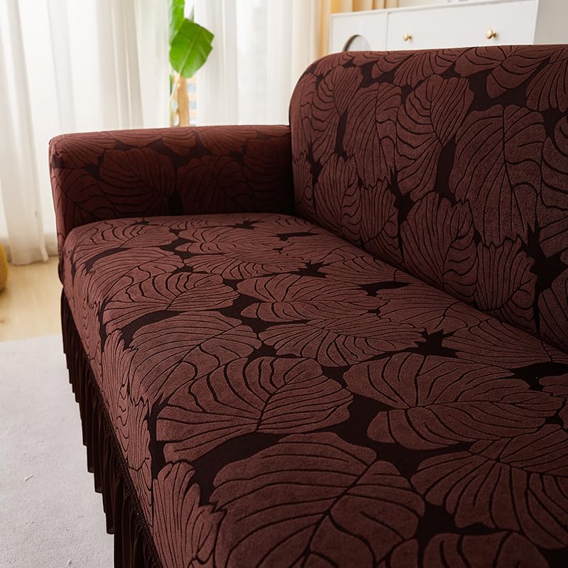 LUXTON HOME Designer Sofa Cover with Skirt Stretchable Elastic Universal Polyester & Spandex Blend Sofa Cover 3 Seater, 2 Seater and 1 Seater Durable & Easy Maintenance (Chocolate, Four Seater)