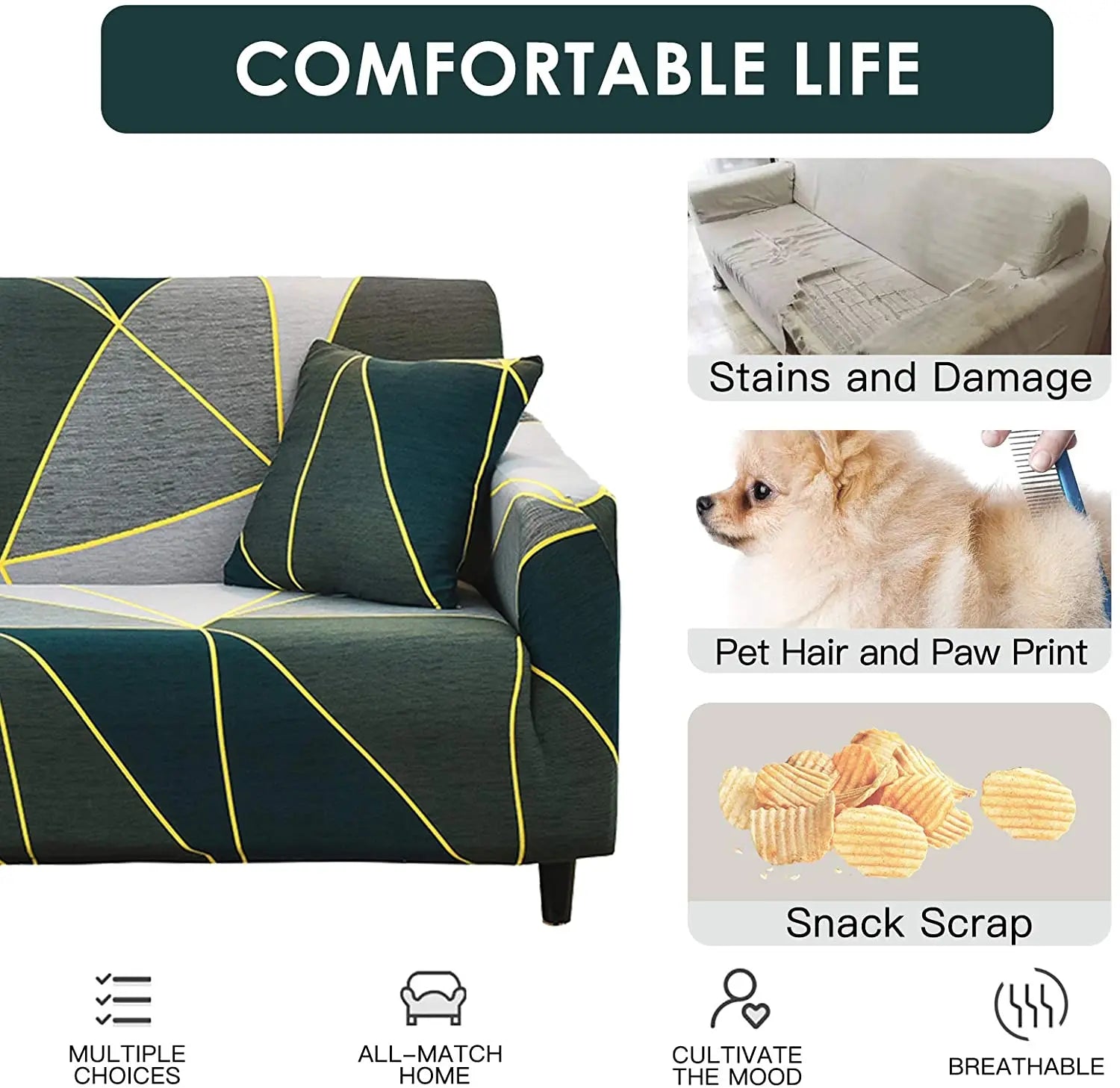 Luxton Home Elastic Stretchable Printed Fully Covered Sofa Slipcover, GEODE - Golden Lines, Multicolor