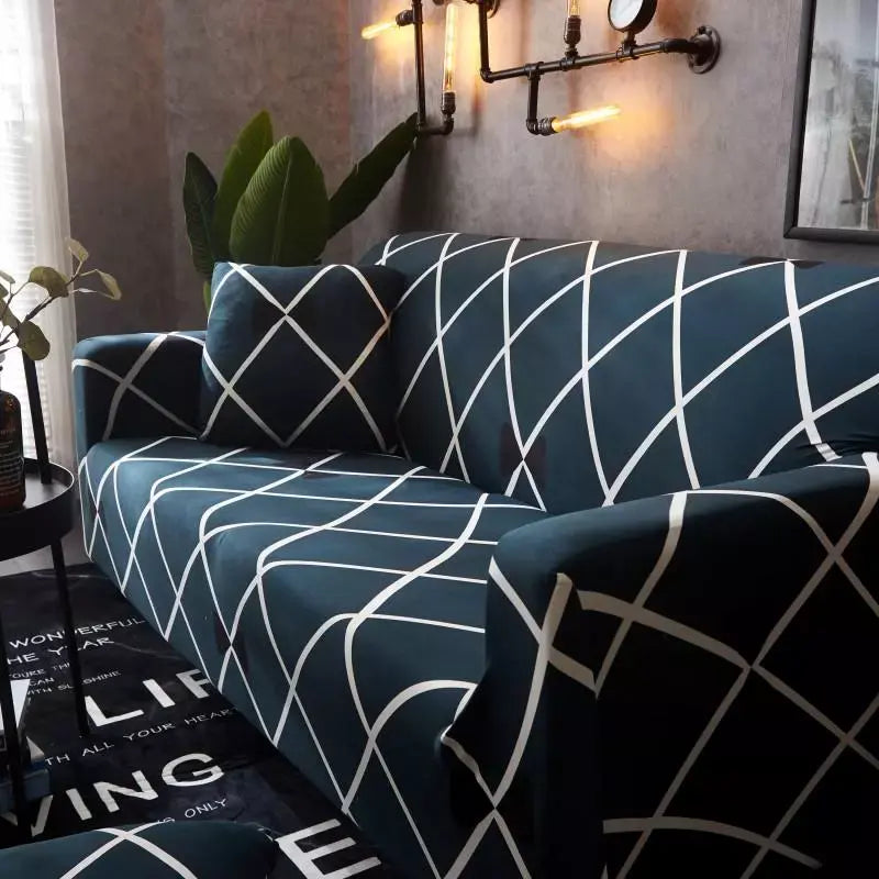 Luxton Home Elastic Stretchable Printed Fully Covered Sofa Slipcover, CROSS LINES - Dark Blue