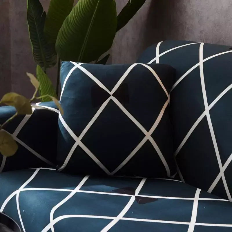 Luxton Home Elastic Stretchable Printed Fully Covered Sofa Slipcover, CROSS LINES - Dark Blue