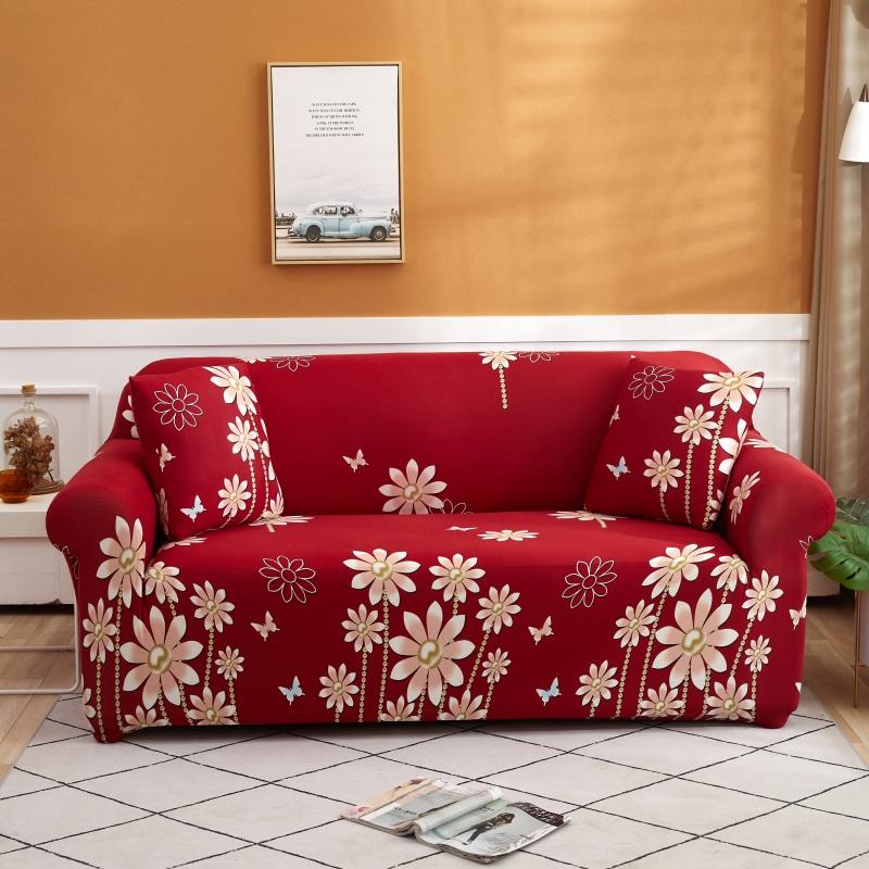 Luxton Home Elastic Stretchable Printed Fully Covered Sofa Slipcover, DAISY - Red with Flower Printed
