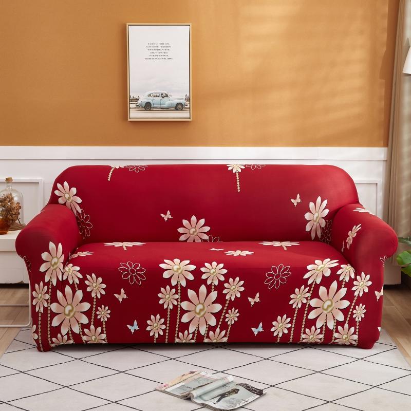 Luxton Home Elastic Stretchable Printed Fully Covered Sofa Slipcover, DAISY - Red with Flower Printed