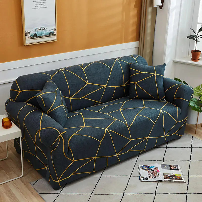 Luxton Home Elastic Stretchable Printed Fully Covered Sofa Slipcover, Golden Lines - Dark Blue