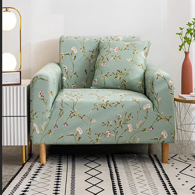 Luxton Home Elastic Stretchable Printed Fully Covered Sofa Slipcover, GREEN SPRING - Green color with Flower Printed