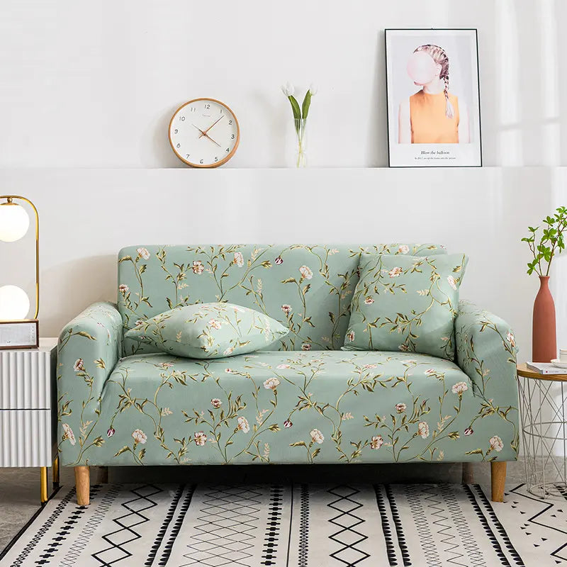 Luxton Home Elastic Stretchable Printed Fully Covered Sofa Slipcover, GREEN SPRING - Green color with Flower Printed