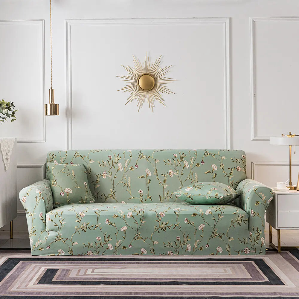 Luxton Home Elastic Stretchable Printed Fully Covered Sofa Slipcover, GREEN SPRING - Green color with Flower Printed