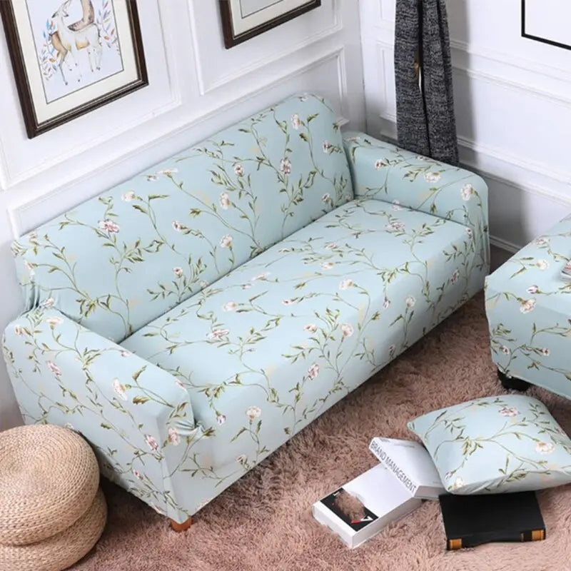Luxton Home Elastic Stretchable Printed Fully Covered Sofa Slipcover, GREEN SPRING - Green color with Flower Printed