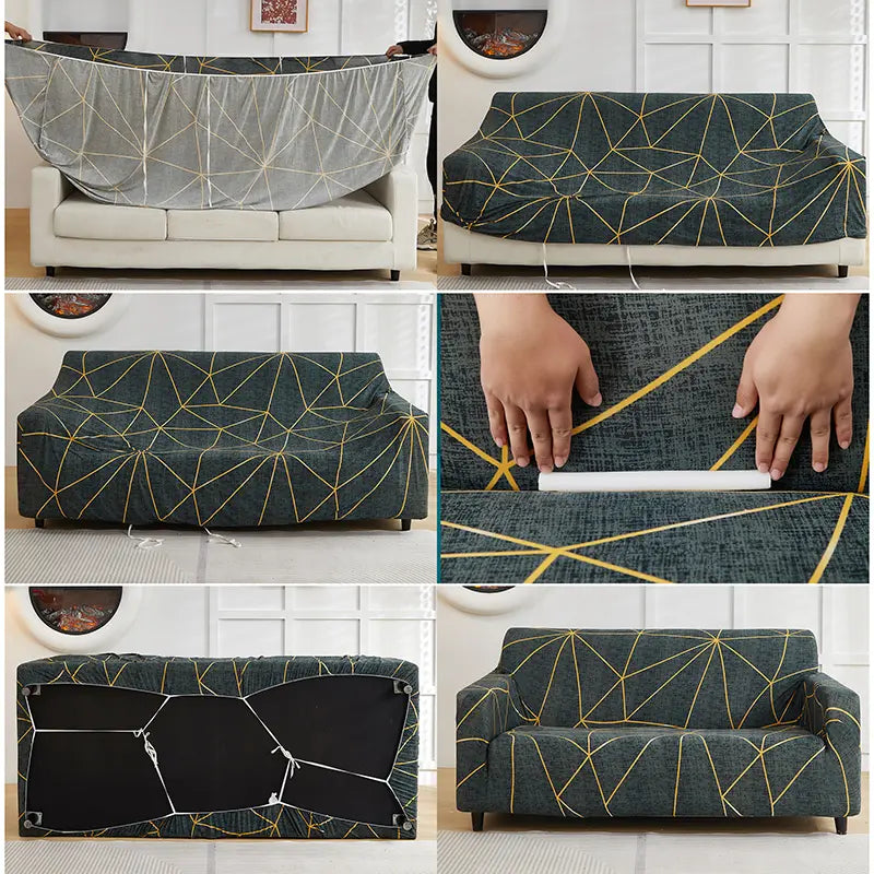 Luxton Home Elastic Stretchable Printed Fully Covered Sofa Slipcover, Golden Lines