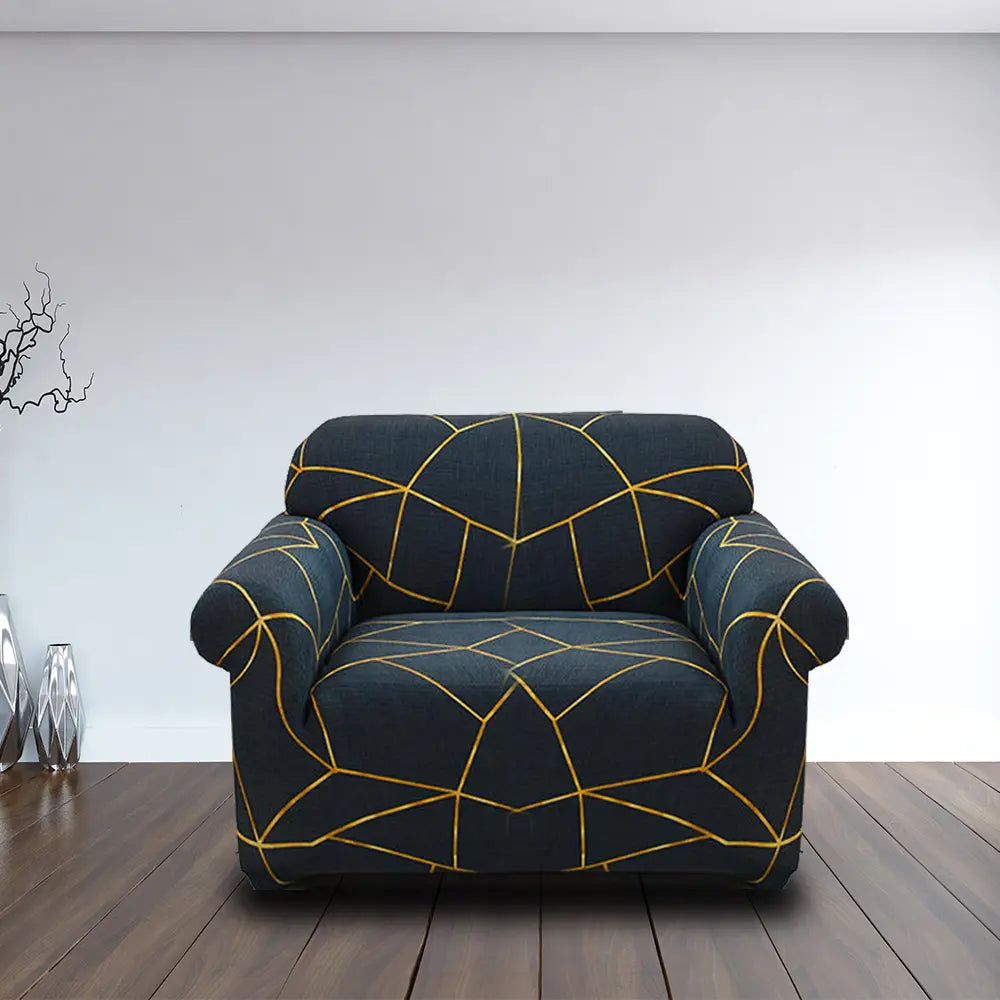 Luxton Home Elastic Stretchable Printed Fully Covered Sofa Slipcover, Golden Lines - Dark Blue