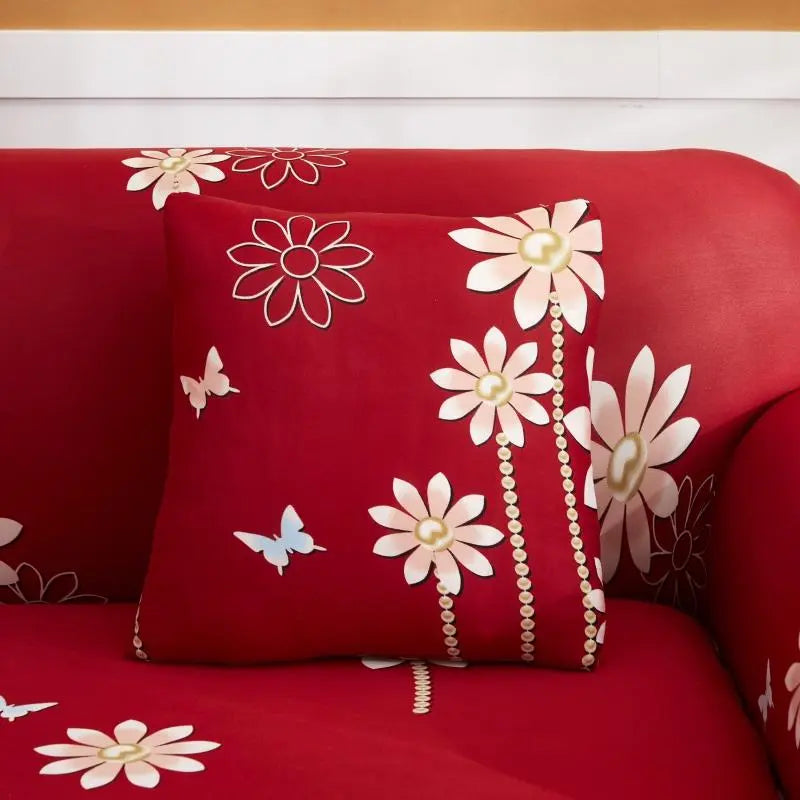 Luxton Home Elastic Stretchable Printed Fully Covered Sofa Slipcover, DAISY - Red with Flower Printed