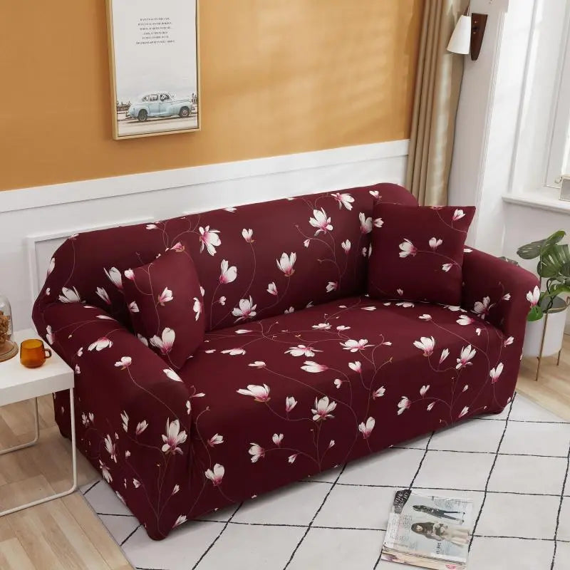 Luxton Home Elastic Stretchable Printed Fully Covered Sofa Slipcover, LILLY - Maroon color with Flower Printed