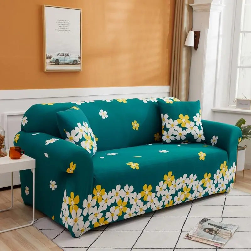 Luxton Home Elastic Stretchable Printed Fully Covered Sofa Slipcover, OASIS - Green Color with Flower Printed