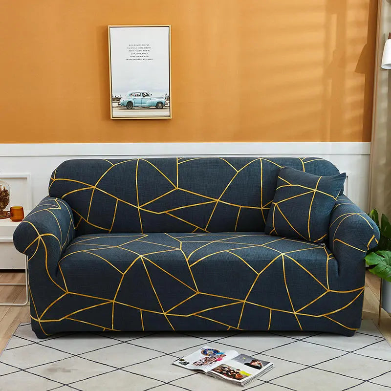 Luxton Home Elastic Stretchable Printed Fully Covered Sofa Slipcover, Golden Lines - Dark Blue