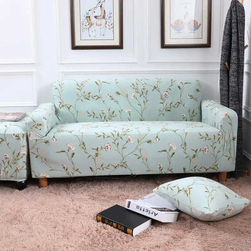 Luxton Home Elastic Stretchable Printed Fully Covered Sofa Slipcover, GREEN SPRING - Green color with Flower Printed