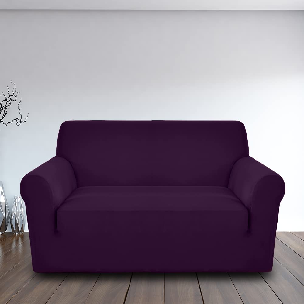 LUXTON HOME Universal Elastic Sofa Cover Stretchable Slipcover for Any Type of Sofa or Couch | Spandex Jacquard Fabric | Easy Installation & Washable | Living Room,Office (Dark Purple, Two Seater)