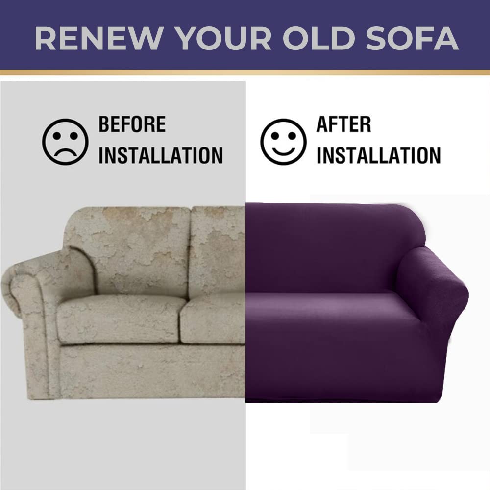 LUXTON HOME Universal Elastic Sofa Cover Stretchable Slipcover for Any Type of Sofa or Couch | Spandex Jacquard Fabric | Easy Installation & Washable | Living Room,Office (Dark Purple, Two Seater)